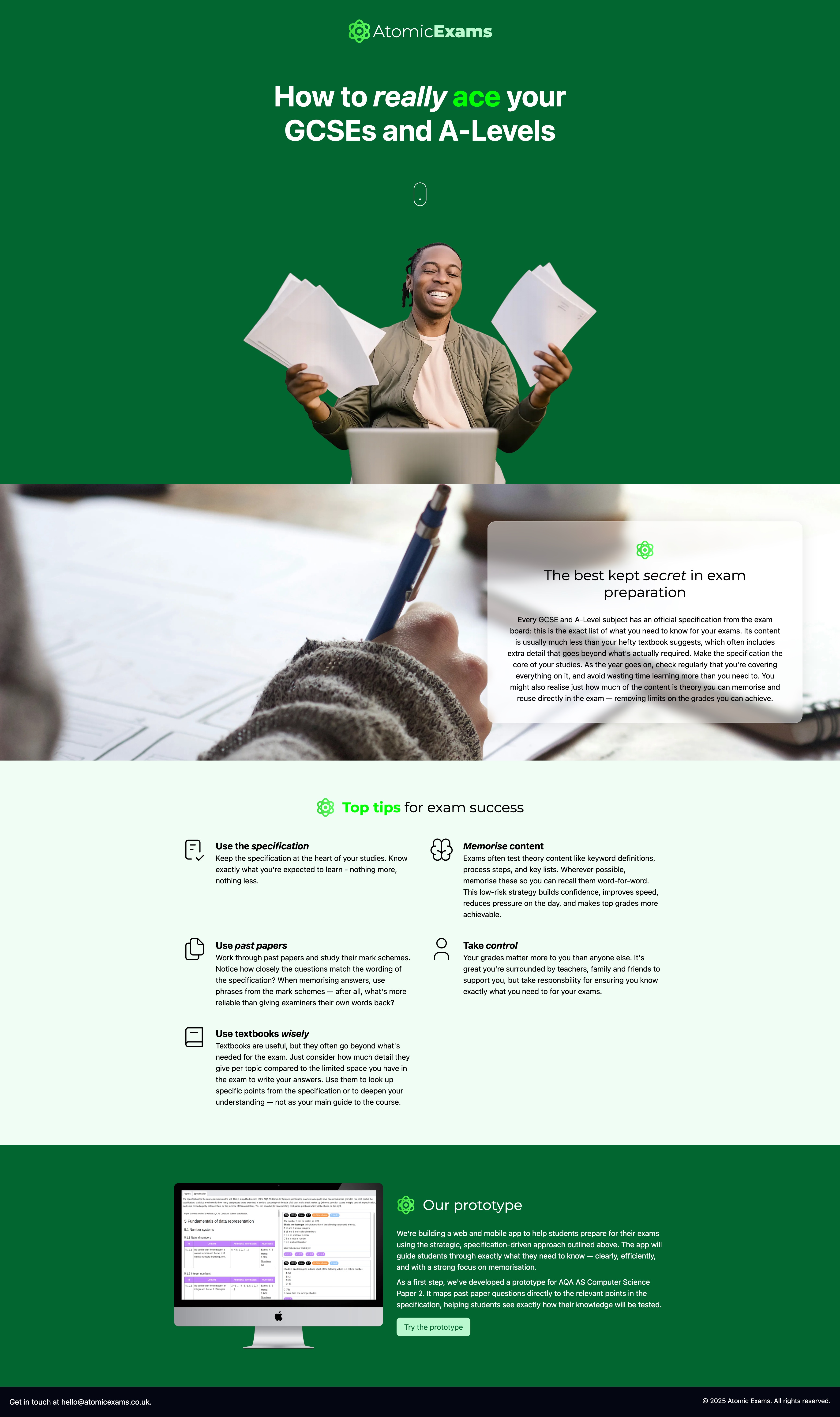 Screenshot of Atomic Exams landing page.