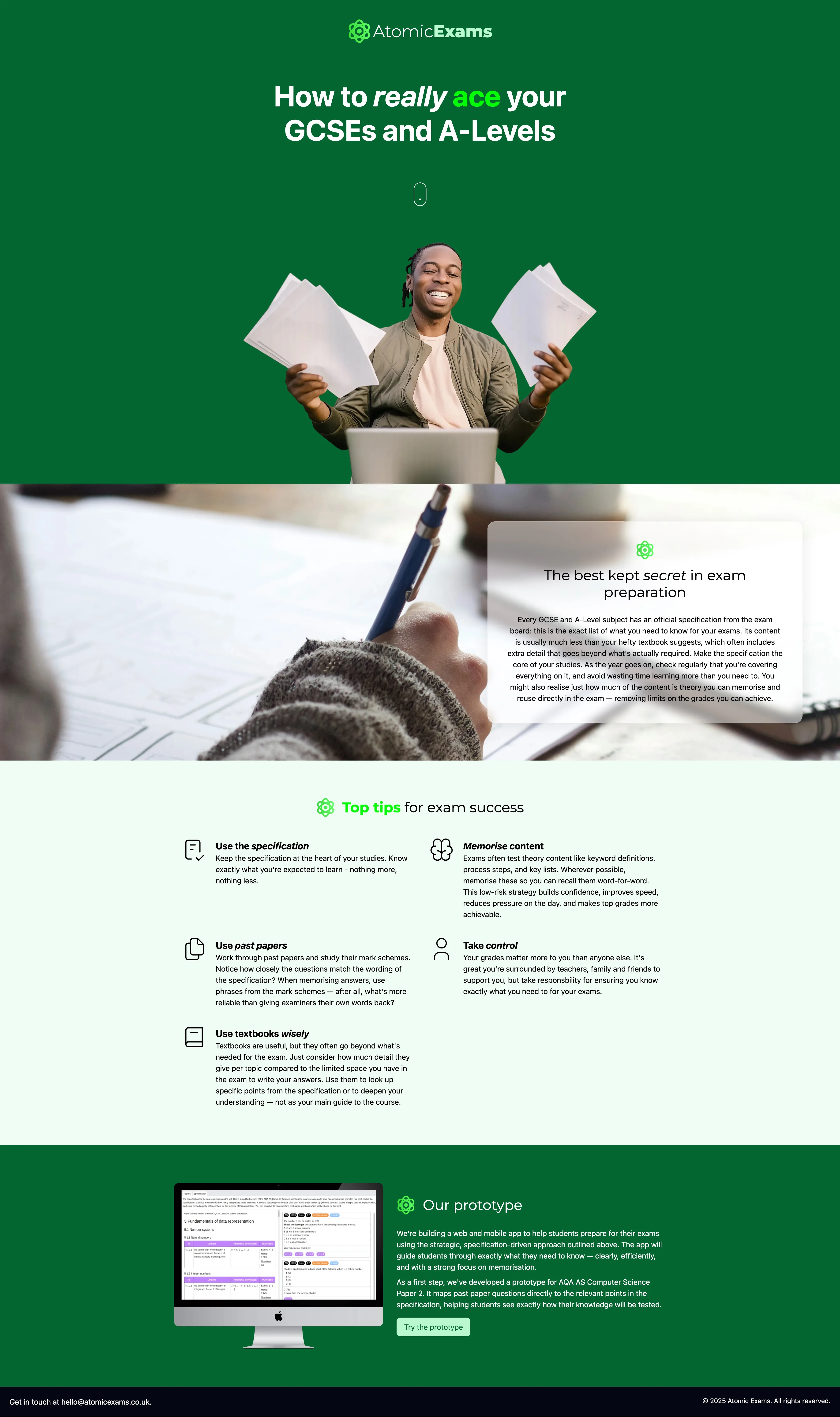 Screenshot of Atomic Exams landing page.