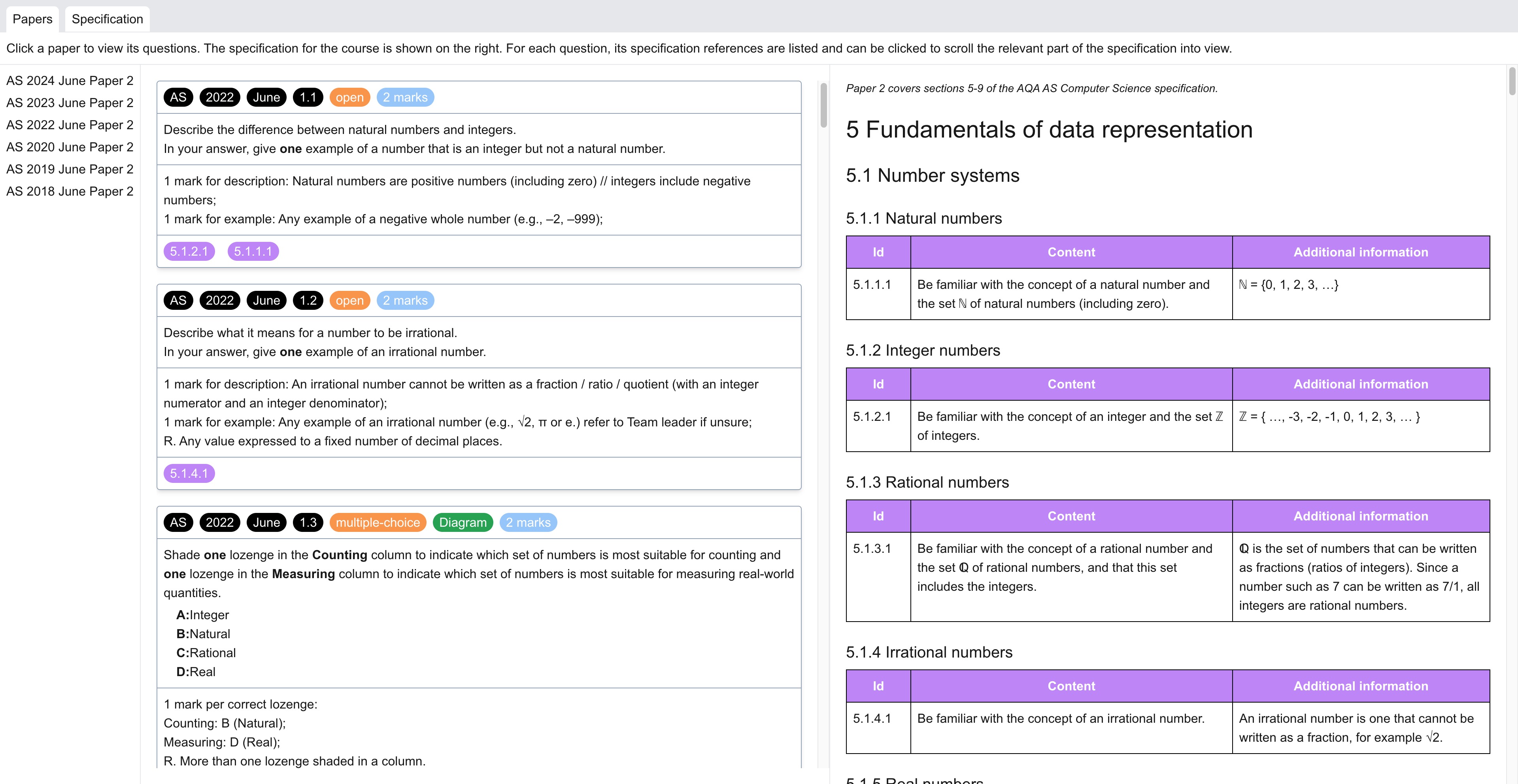 Screenshot of "Past papers" page in Atomic Exams app.
