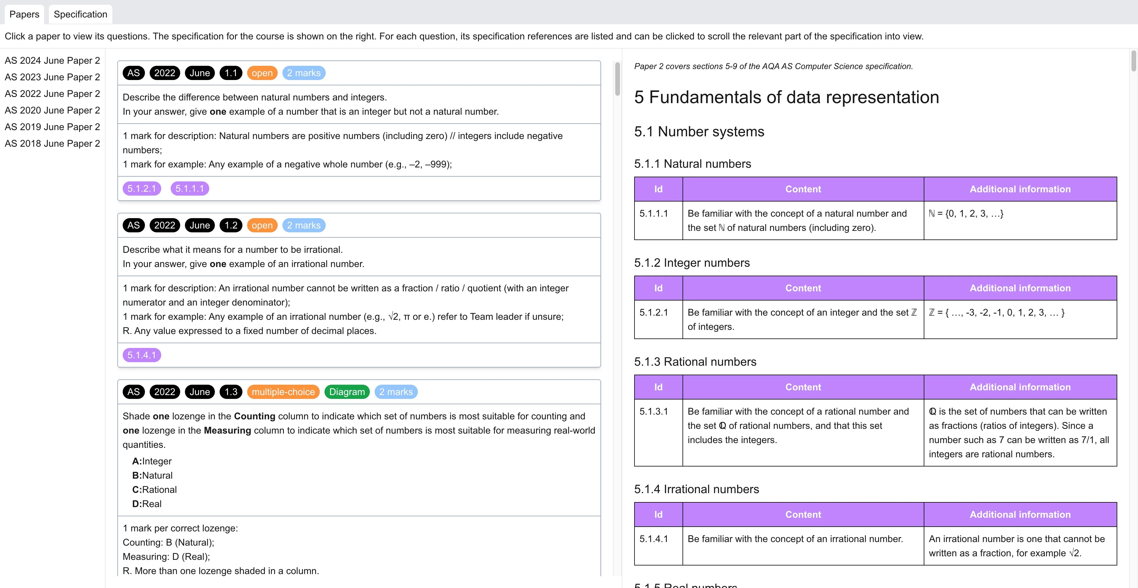 Screenshot of "Past papers" page in Atomic Exams app.