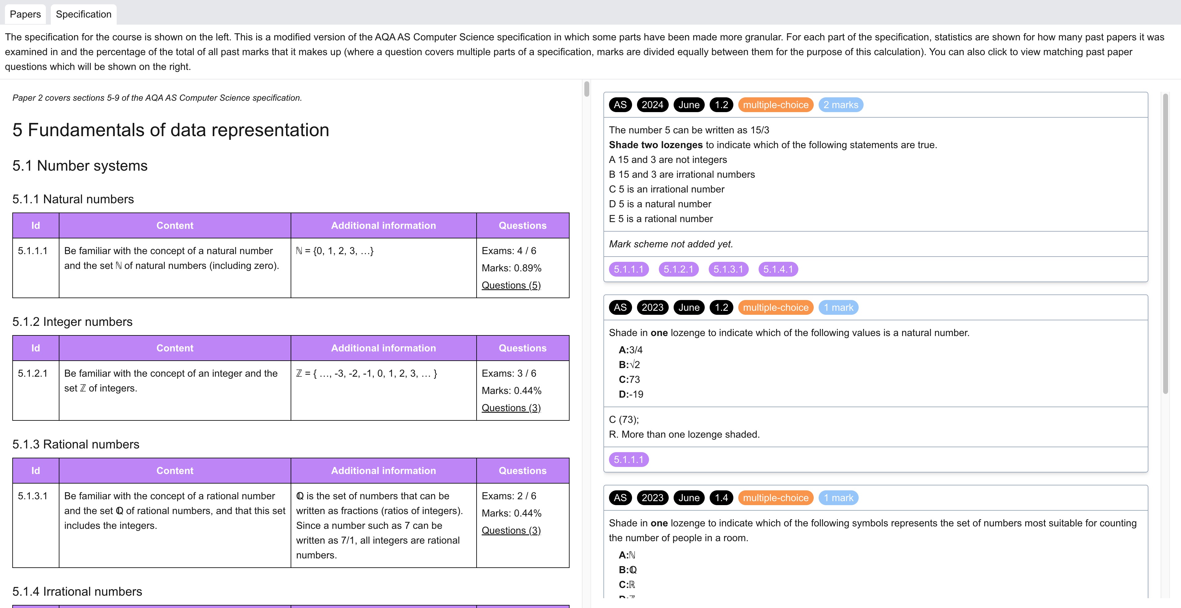 Screenshot of "Specification" page in Atomic Exams app.