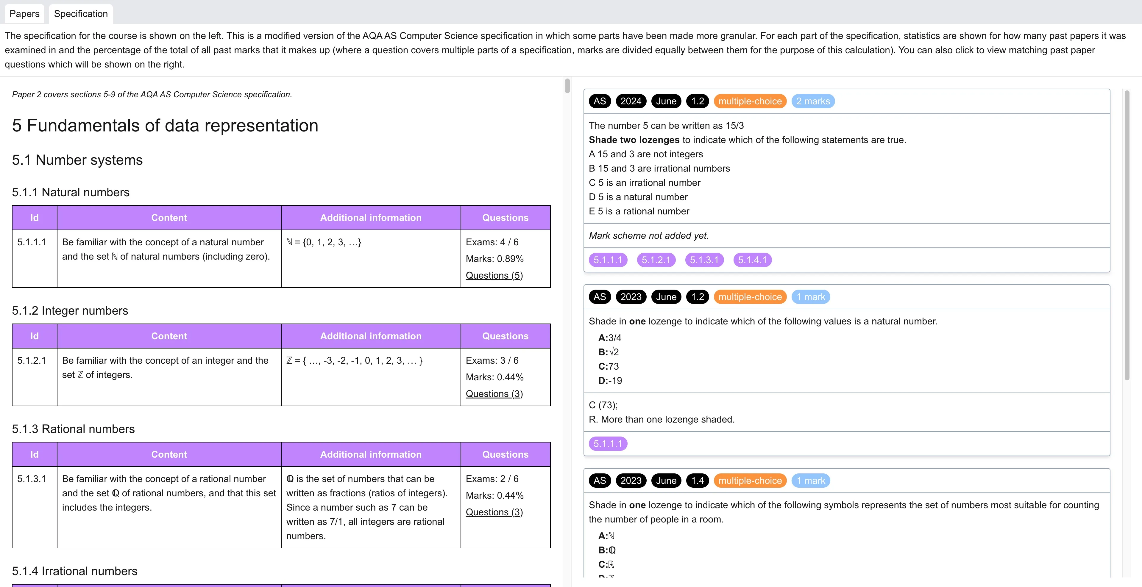 Screenshot of "Specification" page in Atomic Exams app.