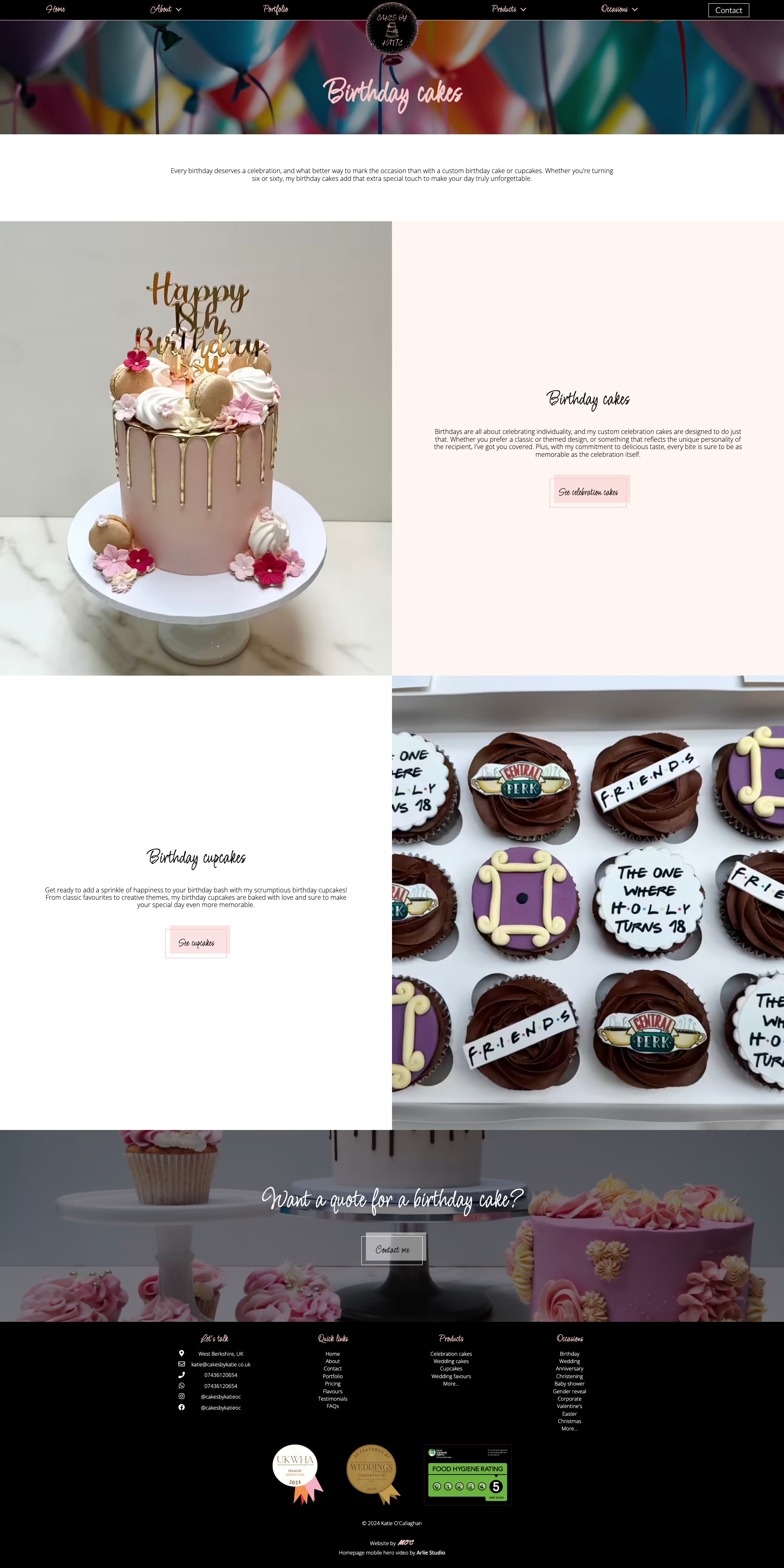 Screenshot of wedding cakes page on cakesbykatie.co.uk