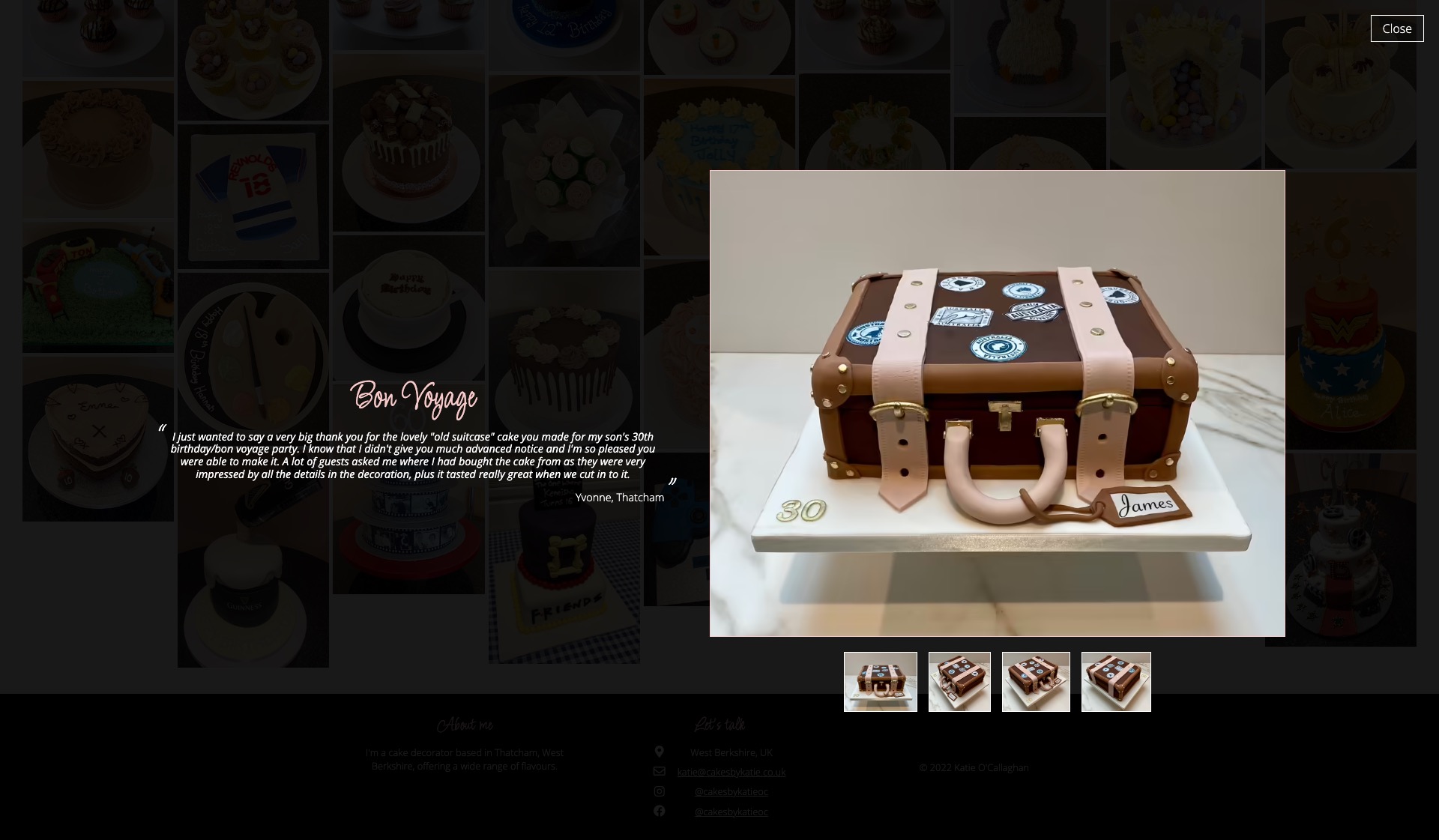 Screenshot of the modal which opens when a cake is selected from the portfolio.