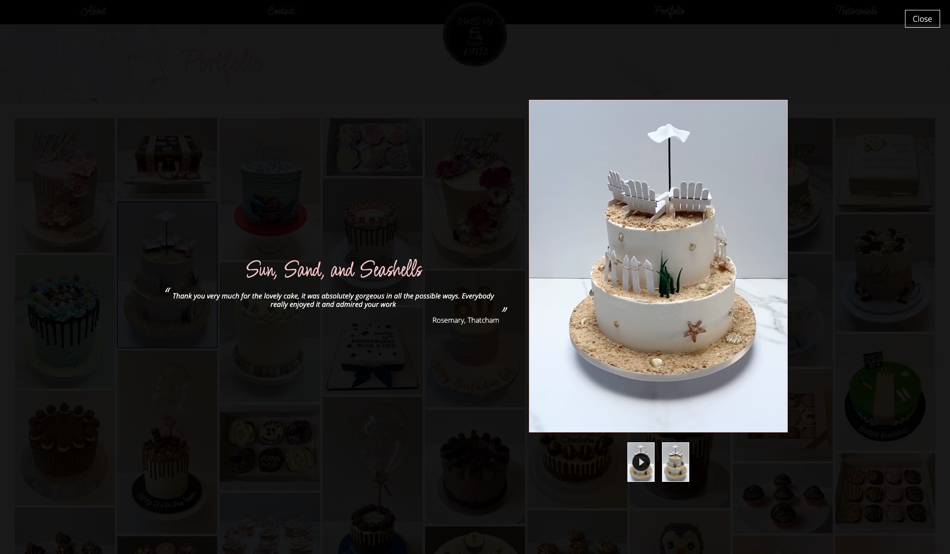 Another screenshot of the modal which opens when a cake is selected from the portfolio, this one including a video.