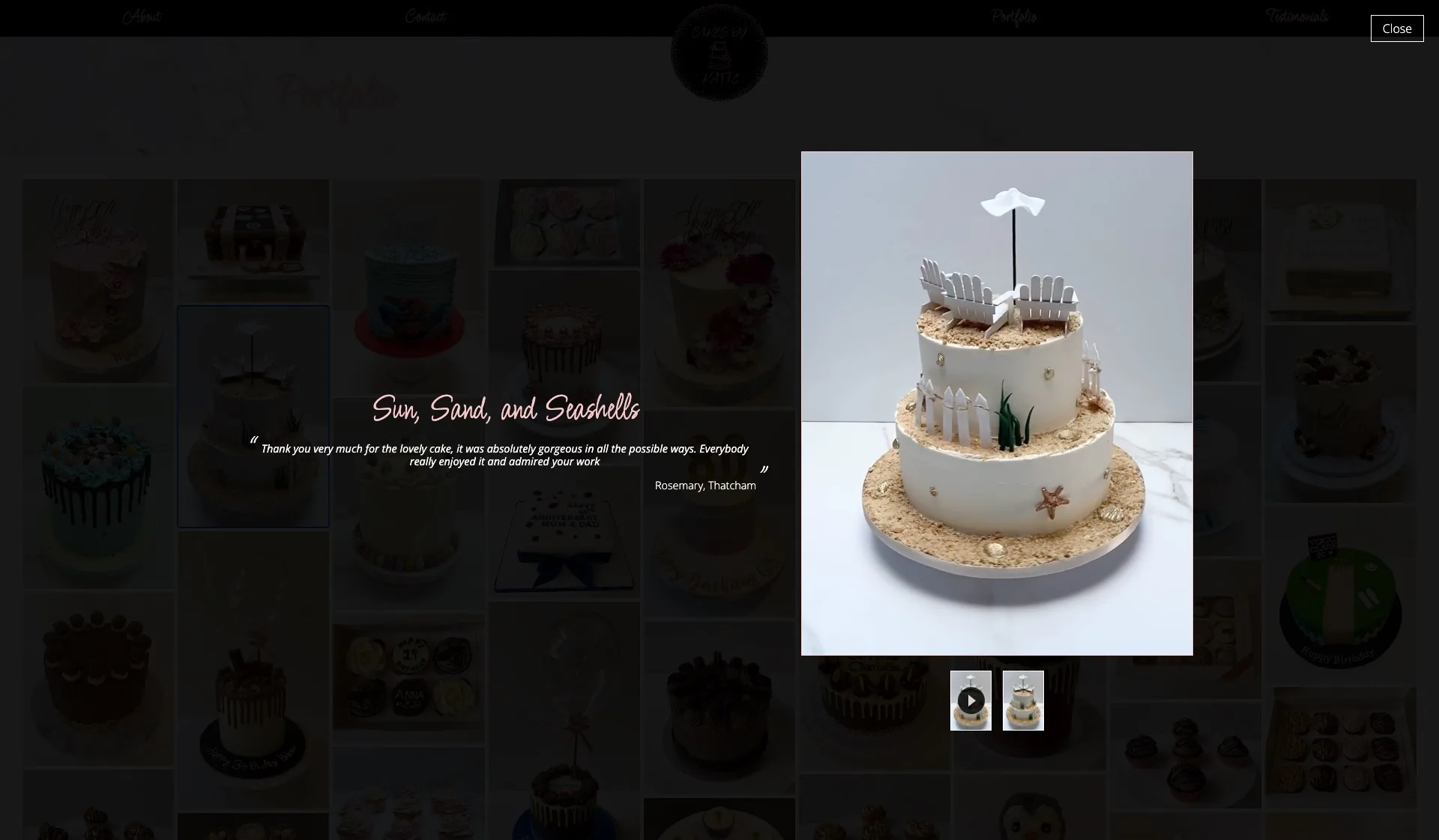 Another screenshot of the modal which opens when a cake is selected from the portfolio, this one including a video.
