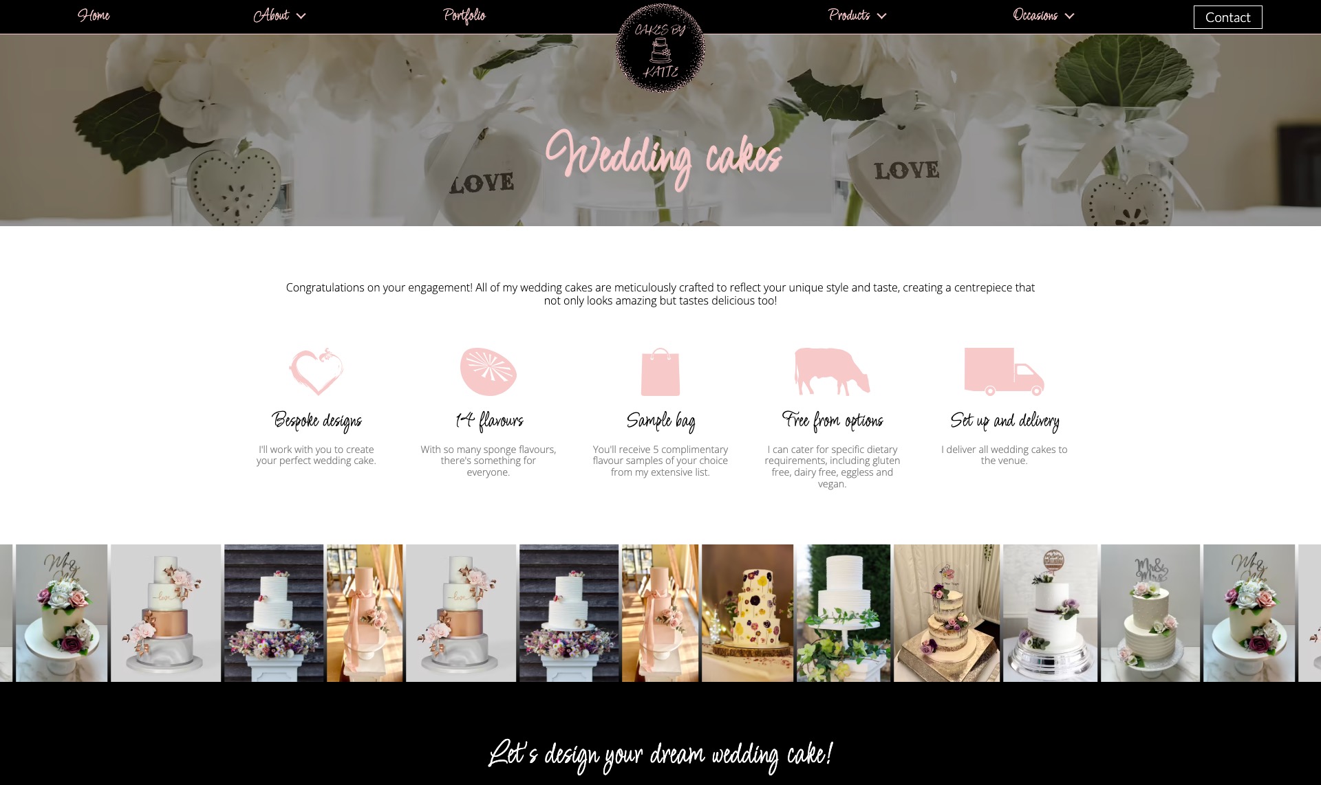Screenshot of wedding cakes page on cakesbykatie.co.uk